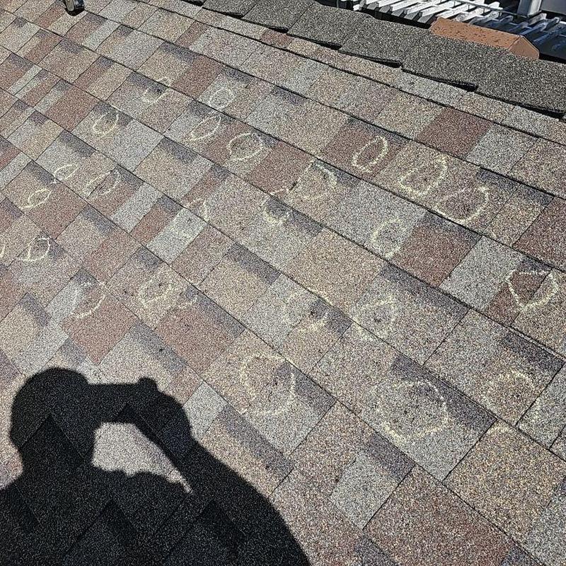 Shingle roof hail damage marked for inspection Shingle roof hail damage marked for inspection