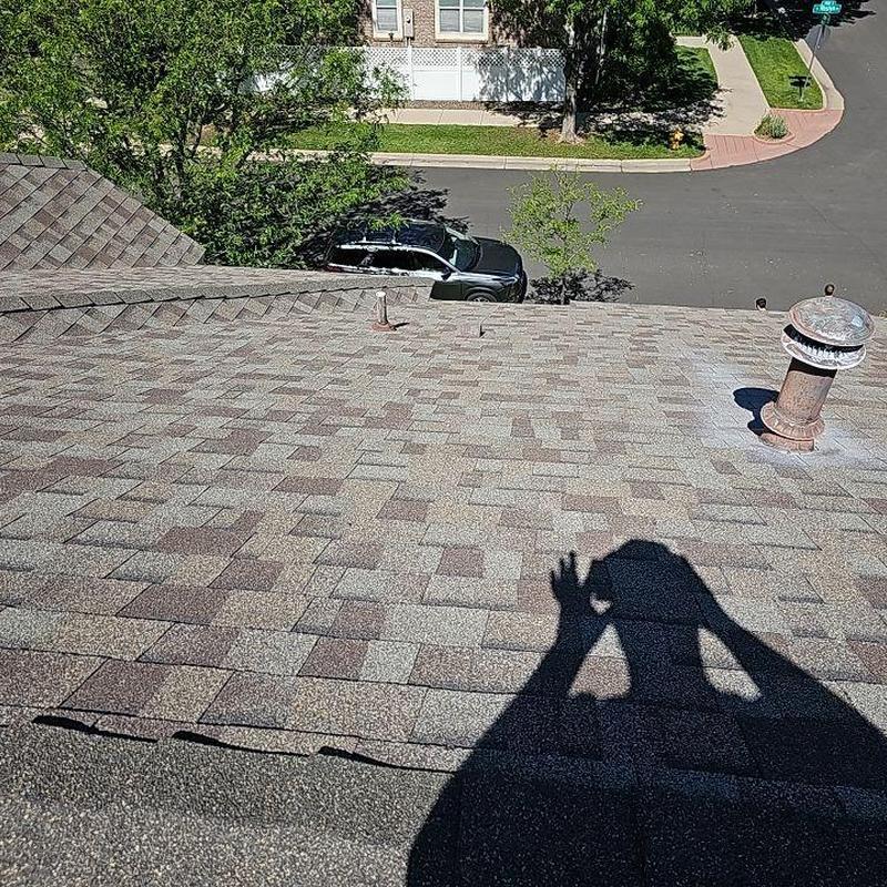 Shingle roof with visible hail damage and ventilation pipe Shingle roof with visible hail damage and ventilation pipe
