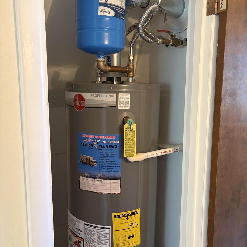 40-gallon Rheem water heater with expansion tank installed