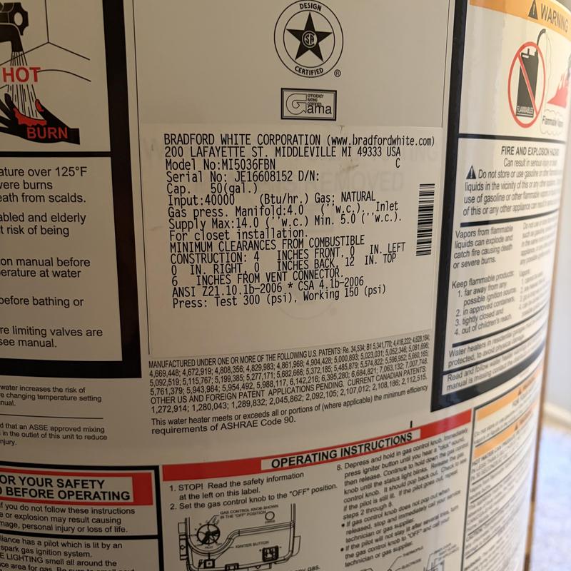 Water heater label with installation and safety details