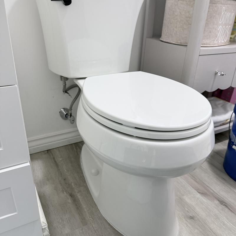 Customer supplied toilet with closed lid in bathroom