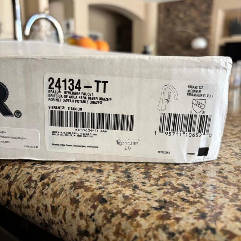 Beverage faucet box label on kitchen countertop