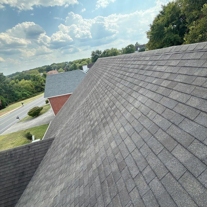Asphalt shingle roof showing hail damage and granule loss
