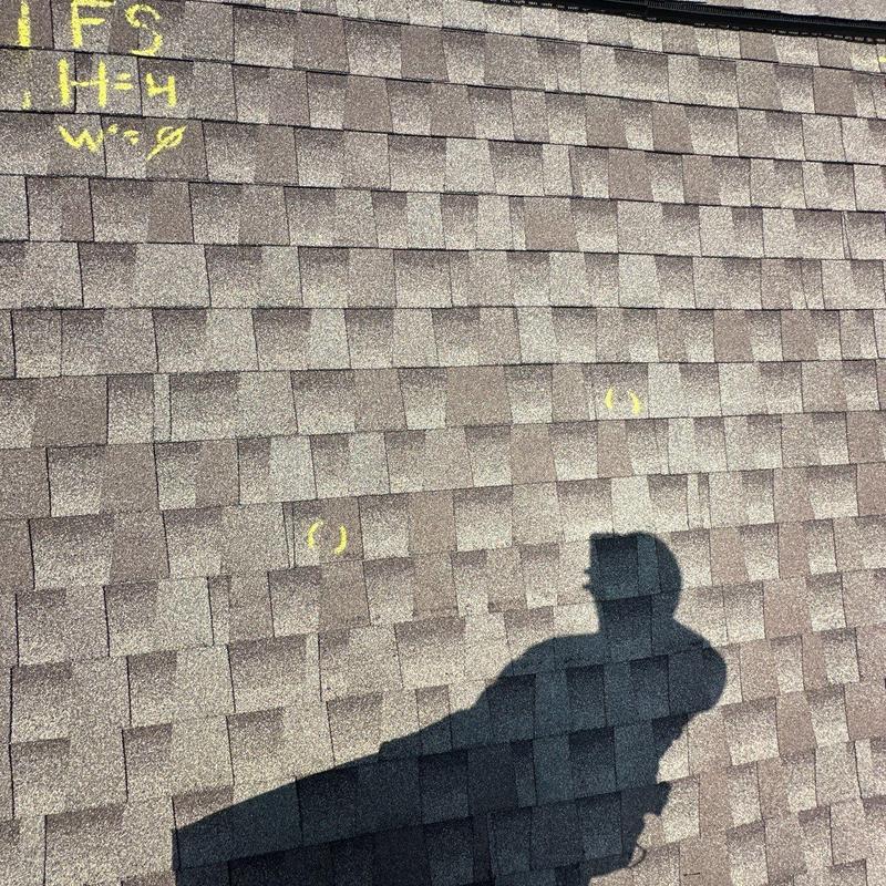 Asphalt roof shingles with hail damage markings