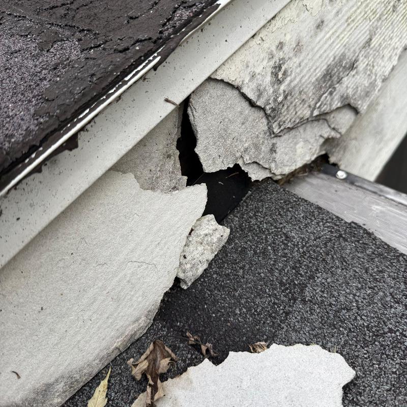 Roof edge with peeling and damaged siding panels