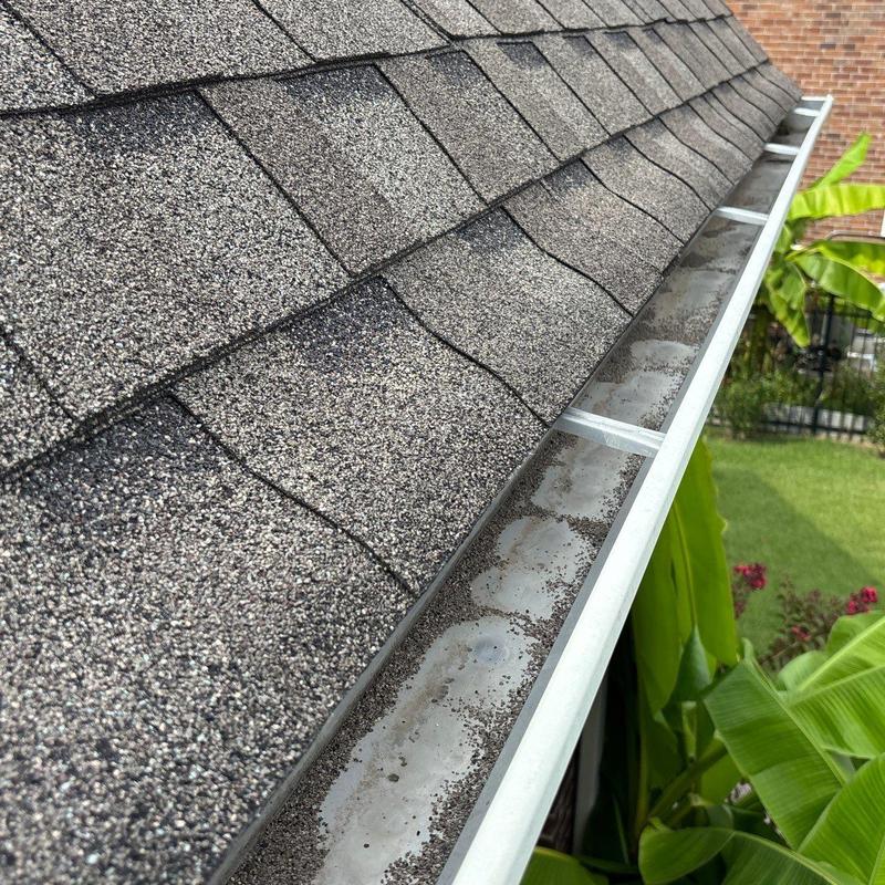 Asphalt shingle roof and partially cleaned gutter