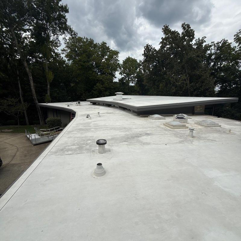 Flat roof membrane with vent pipes and skylights