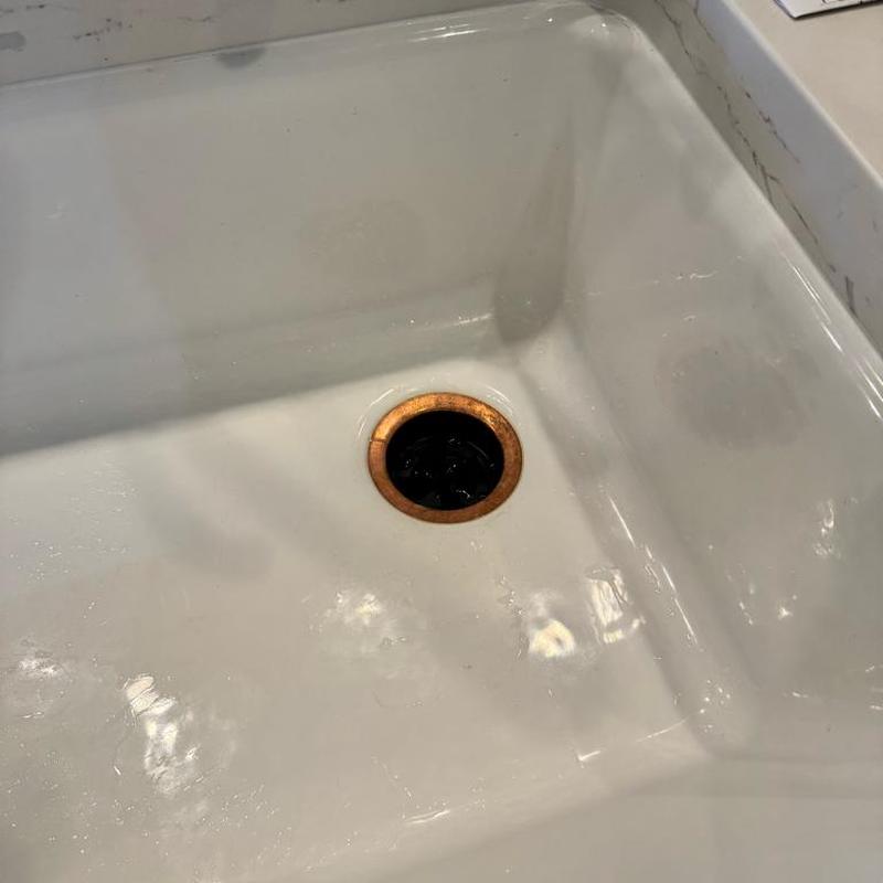 Garbage disposal drain flange in white sink basin