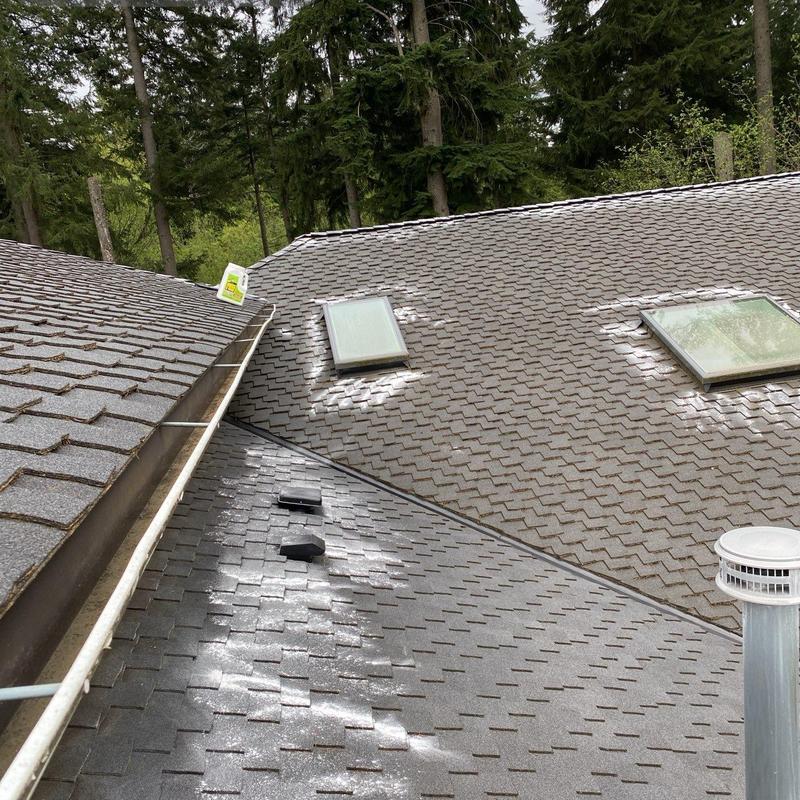Roof shingles with moss treatment and cleaning visible