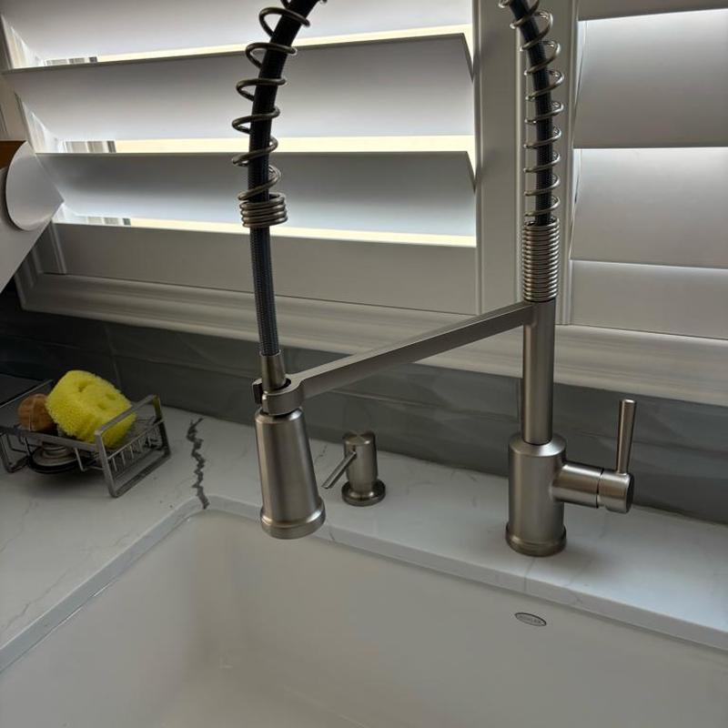 Moen Indi 87194SRS kitchen faucet and soap dispenser installed