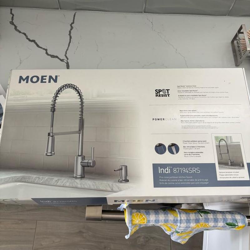 Moen Indi 87194SRS kitchen faucet and soap dispenser box