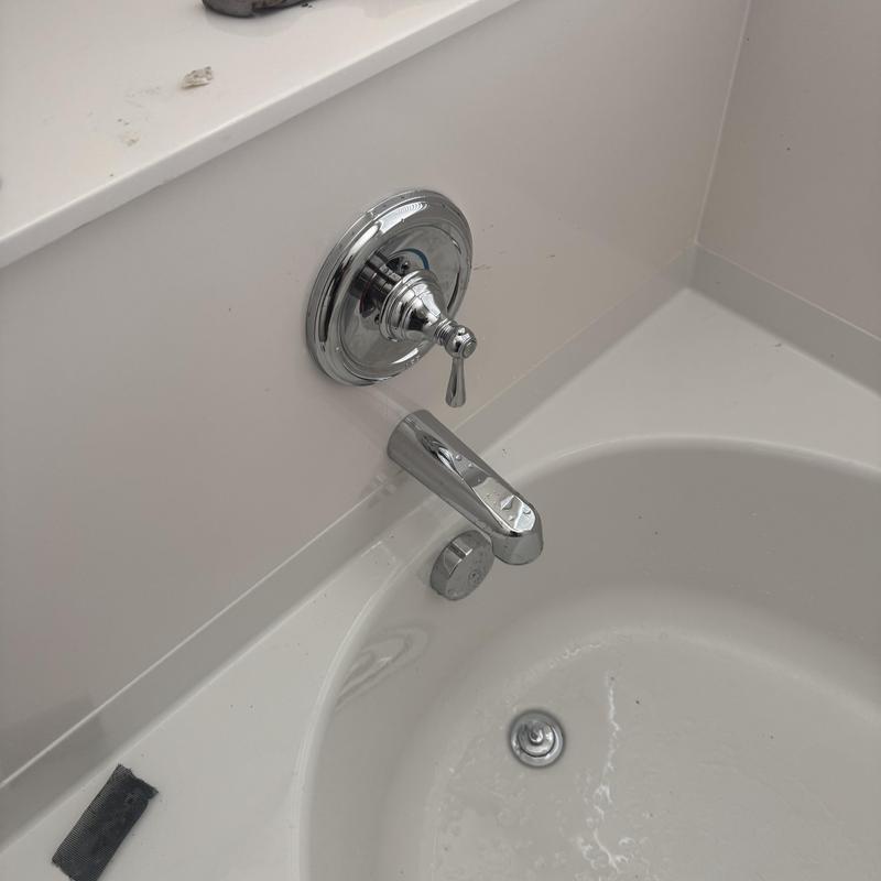 Moen shower cartridge and tub spout in white bathroom