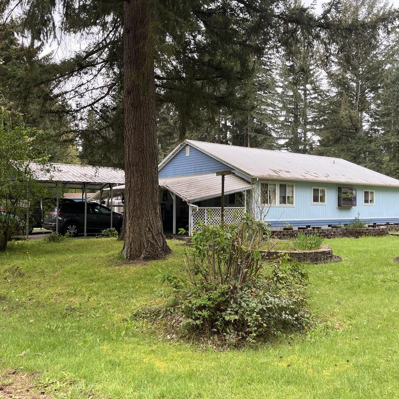 Metal roofing on blue house with large yard