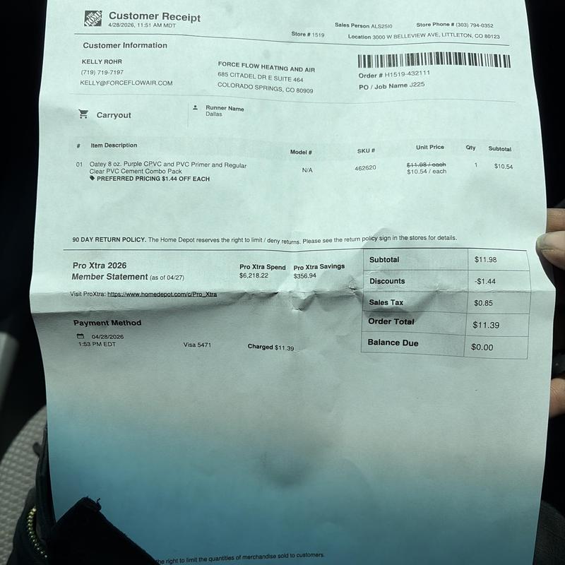 PVC cement combo pack receipt for HVAC use