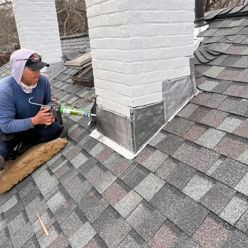 Chimney metal flashing on new Landmark Pro Colonial Slate roof