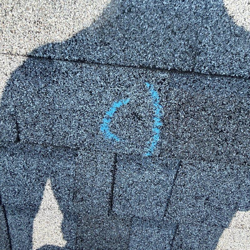 Shingle hail damage with blue chalk marking