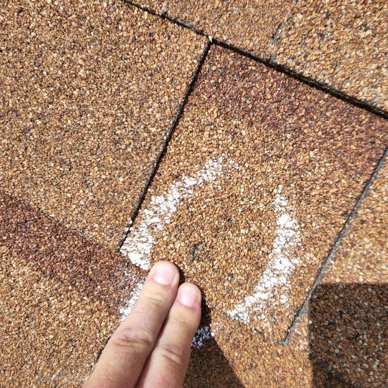 Asphalt shingle with damage marked for roof inspection