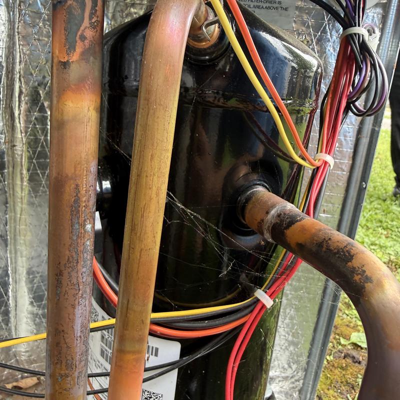 HVAC compressor and copper tubing with wiring close-up HVAC compressor and copper tubing with wiring close-up