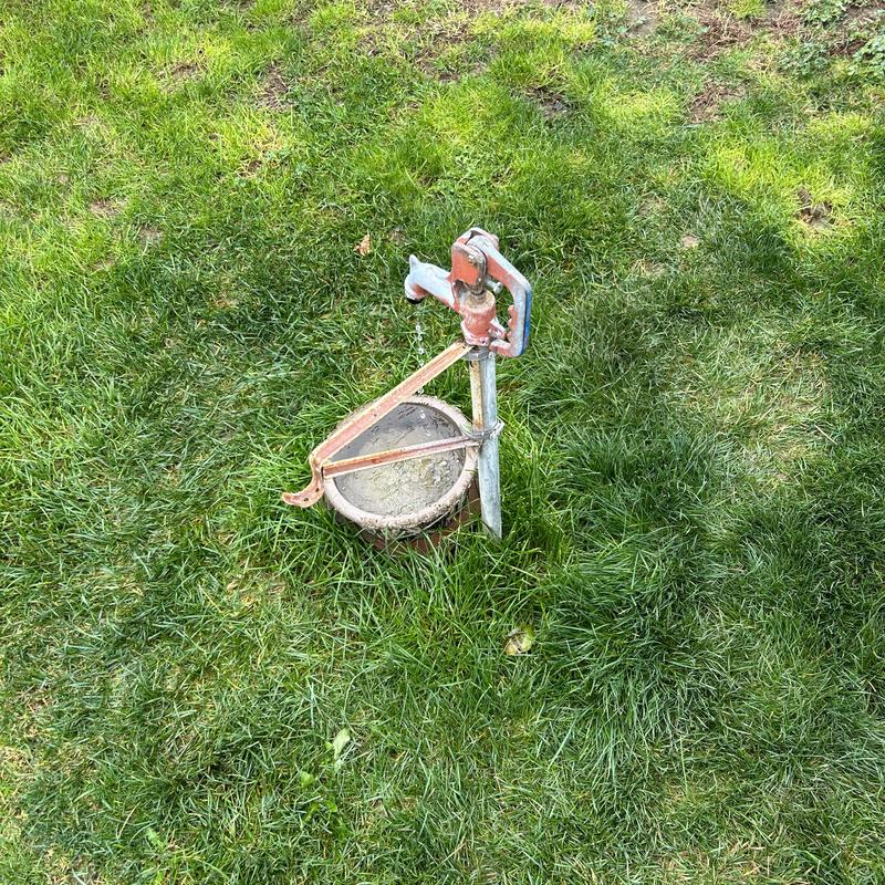 Old bury hydrant leaking water from spout in grass
