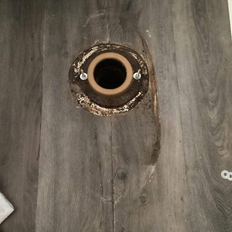 Toilet flange and wax ring seal area on wooden floor