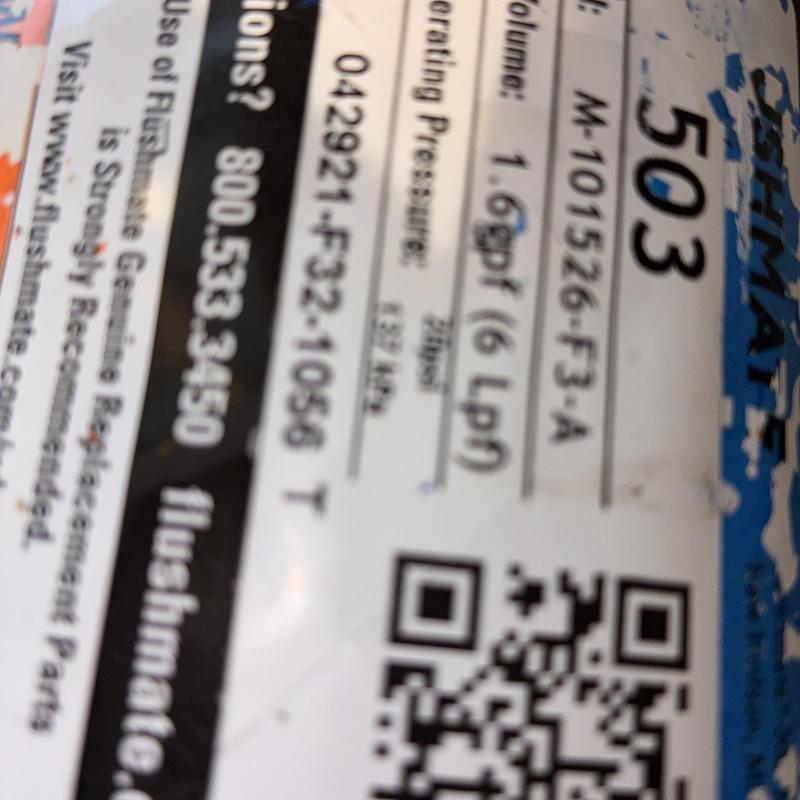 Flushmate 503 cartridge and valve label close-up