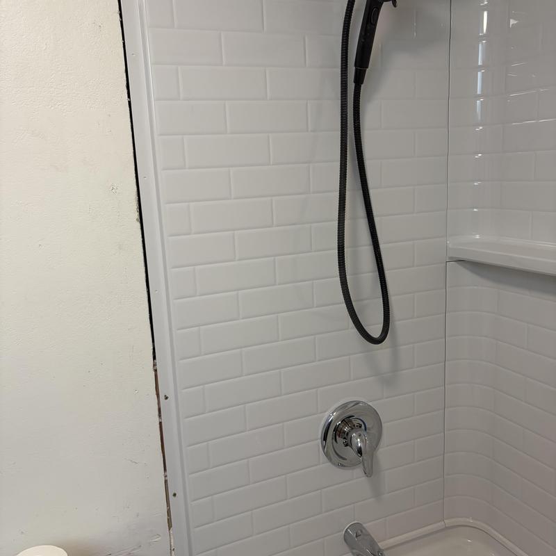 Shower enclosure with black handheld showerhead installed
