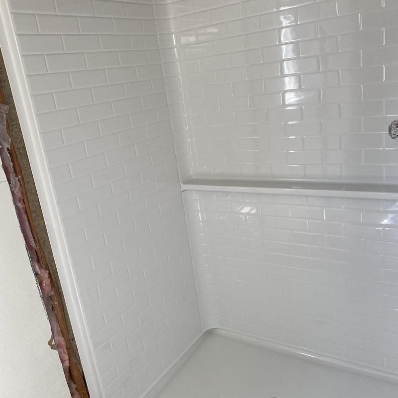 48x34 shower pan and 4-piece white surround installation