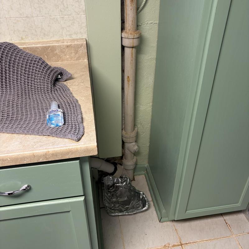 Basement bathroom drain pipe with leak containment tray