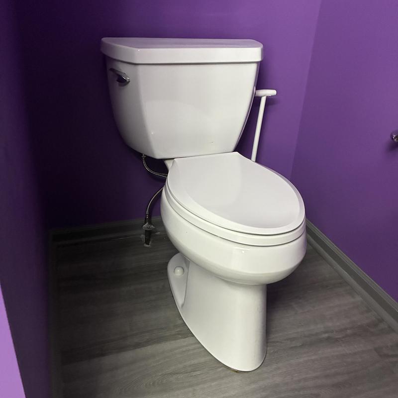 Toilet with tank and closed lid against purple walls