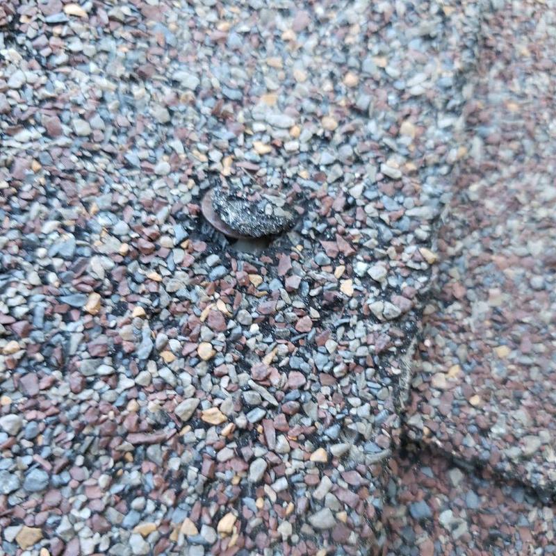 Shingle roof close-up with damaged nail and granules Shingle roof close-up with damaged nail and granules