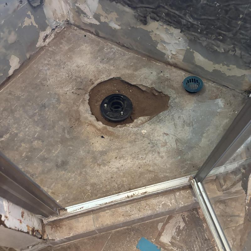 Shower drain flange and drain cover in shower area Shower drain flange and drain cover in shower area
