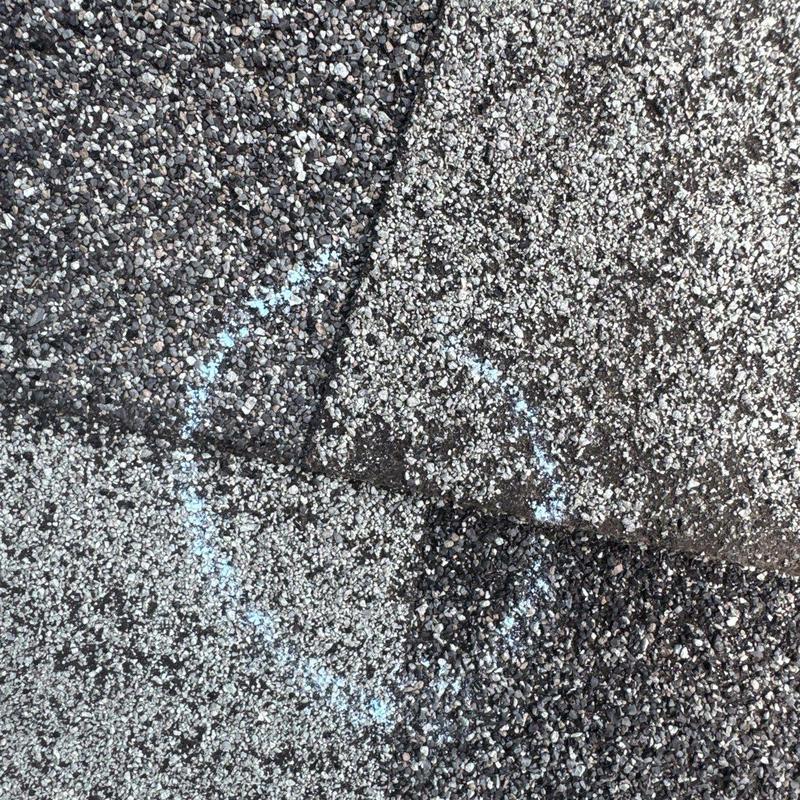Asphalt shingles with hail damage circled in chalk