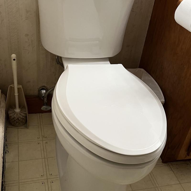 Toilet with new seat and tank in bathroom corner