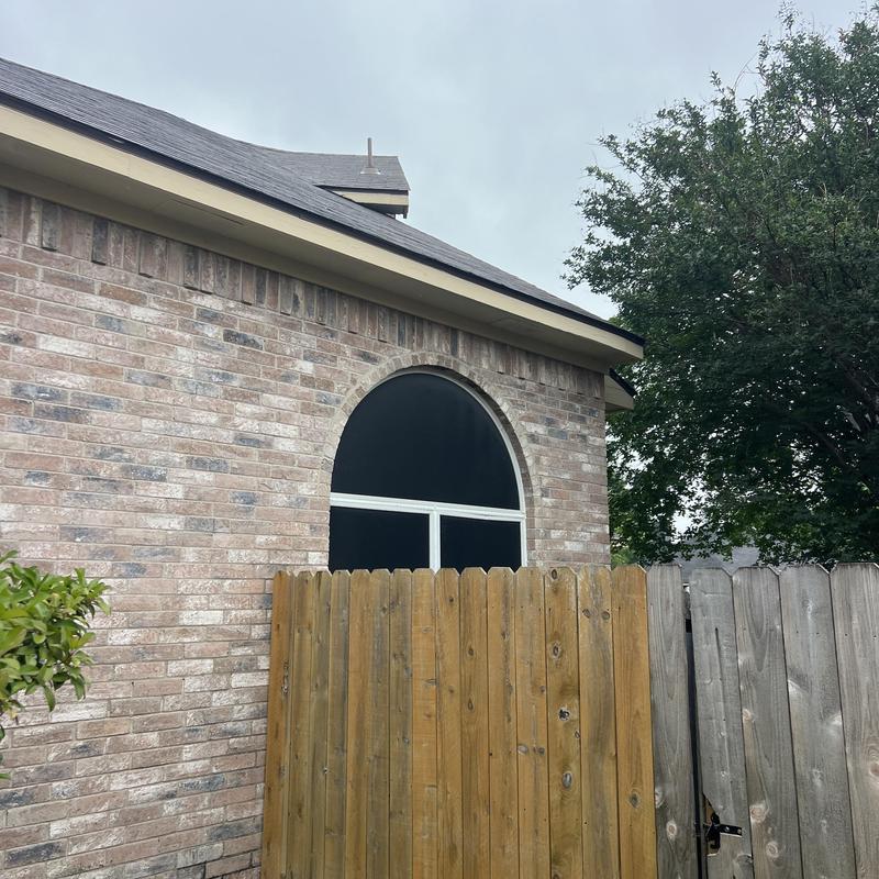 Black-framed arched window on brick exterior wall