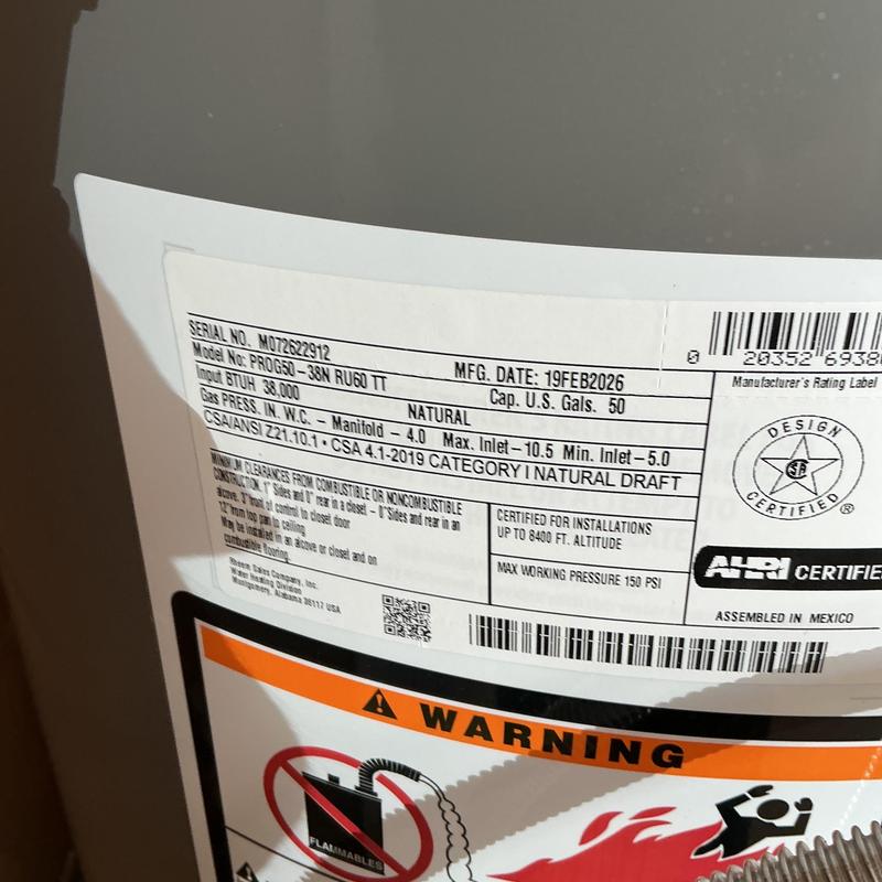 50-gallon natural draft gas water heater label close-up 50-gallon natural draft gas water heater label close-up