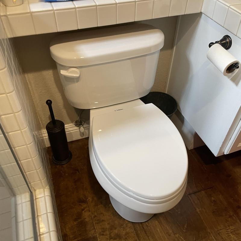 Elongated bowl toilet with soft-close seat installed