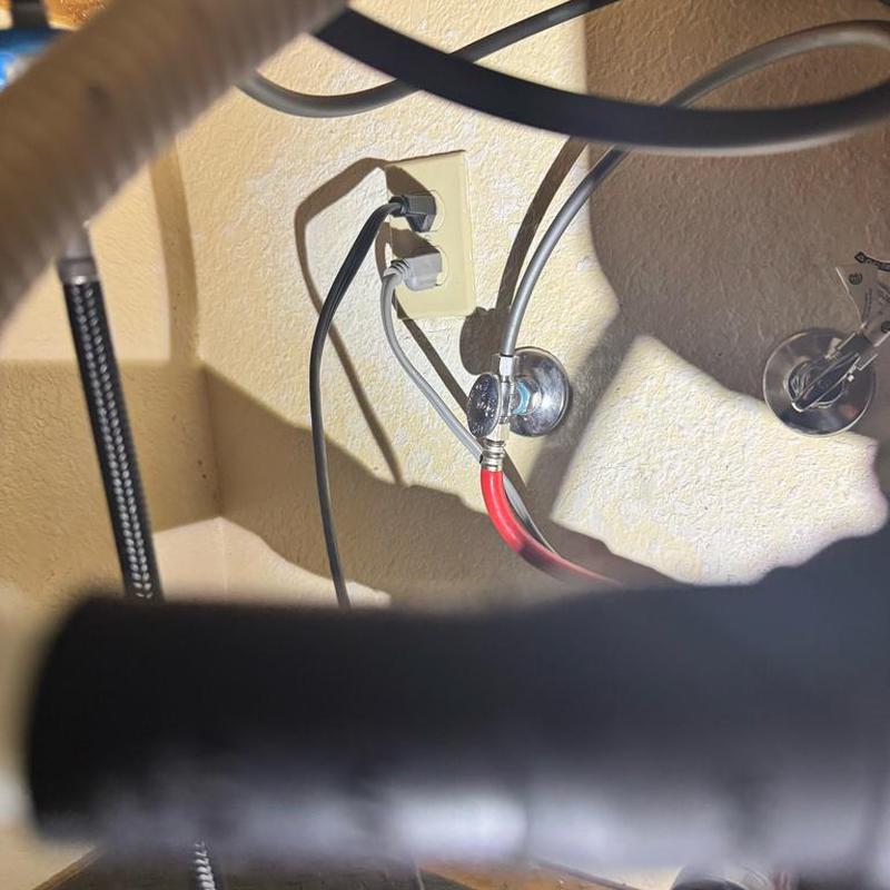 Double fixture hot side angle stop with red supply line