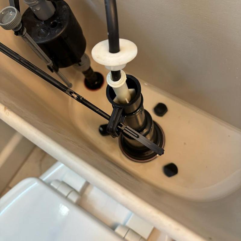 Mansfield flush valve inside toilet tank, hallway bathroom