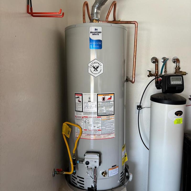 50-gallon gas Bradford White water heater with leak pan