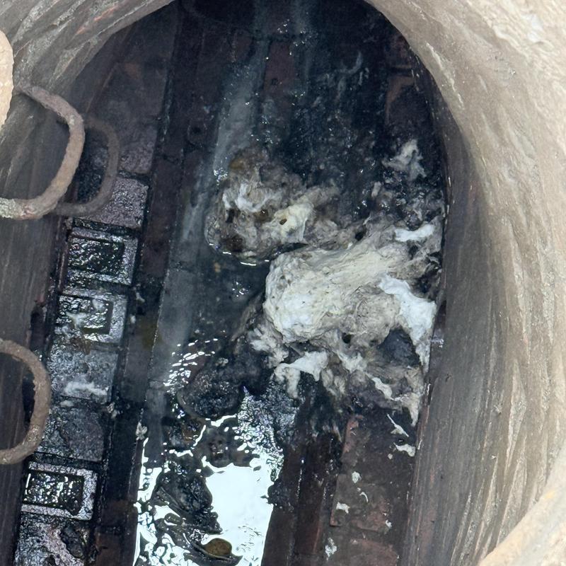Main drain clogged with roots and debris inside manhole