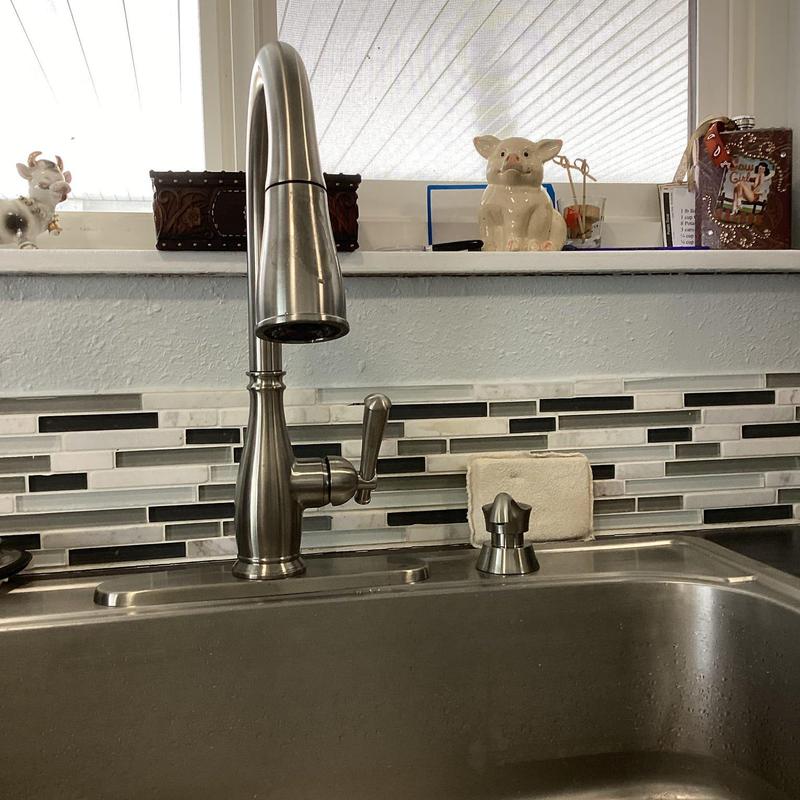 Kitchen faucet with stainless steel finish and backsplash