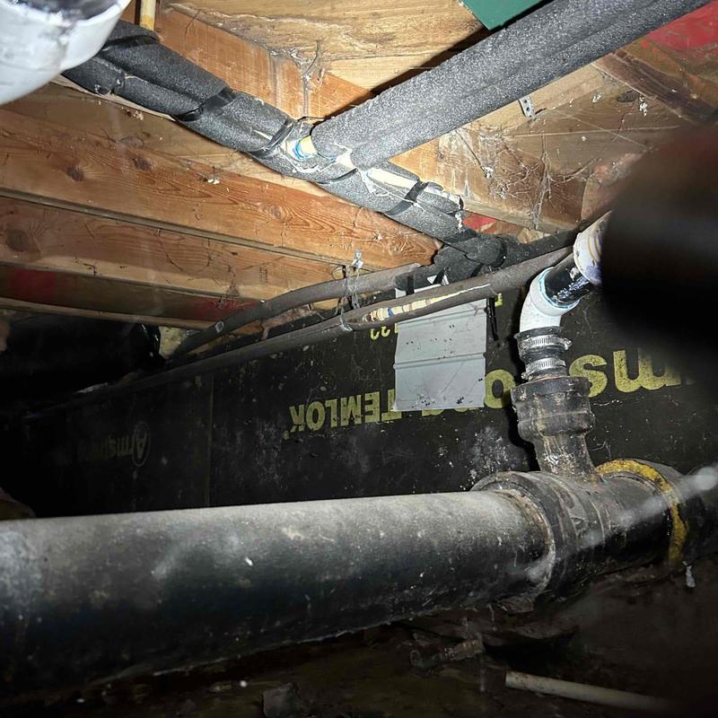 Crawl space plumbing pipes with insulation in poor condition