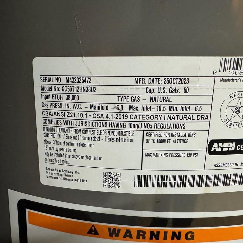 50-gallon Rheem natural gas water heater label 50-gallon Rheem natural gas water heater label