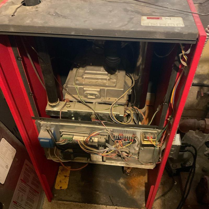 Radiant heat boiler interior with wiring and components