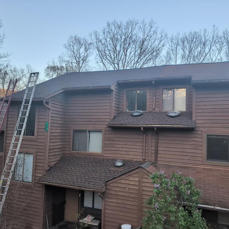 GAF Hickory shingle roof installation with ladders GAF Hickory shingle roof installation with ladders