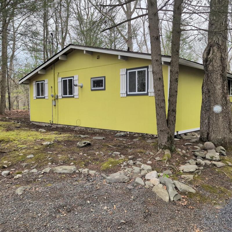 Yellow exterior wall of cabin surrounded by trees and rocks Yellow exterior wall of cabin surrounded by trees and rocks