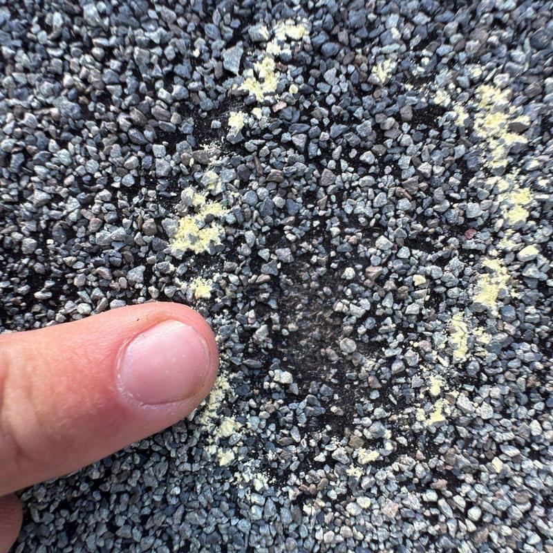 Roof shingles hail damage marked by yellow chalk