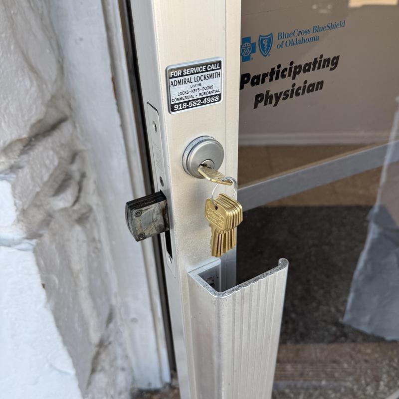 Deadbolt lock with keys at medical facility door Deadbolt lock with keys at medical facility door