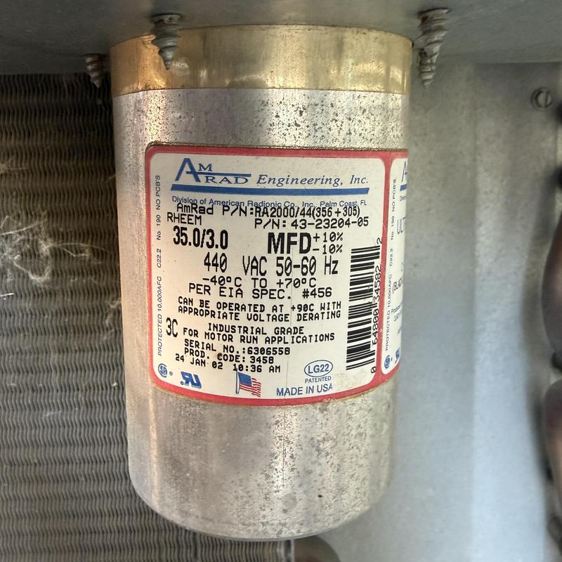 Compressor start capacitor label on HVAC unit