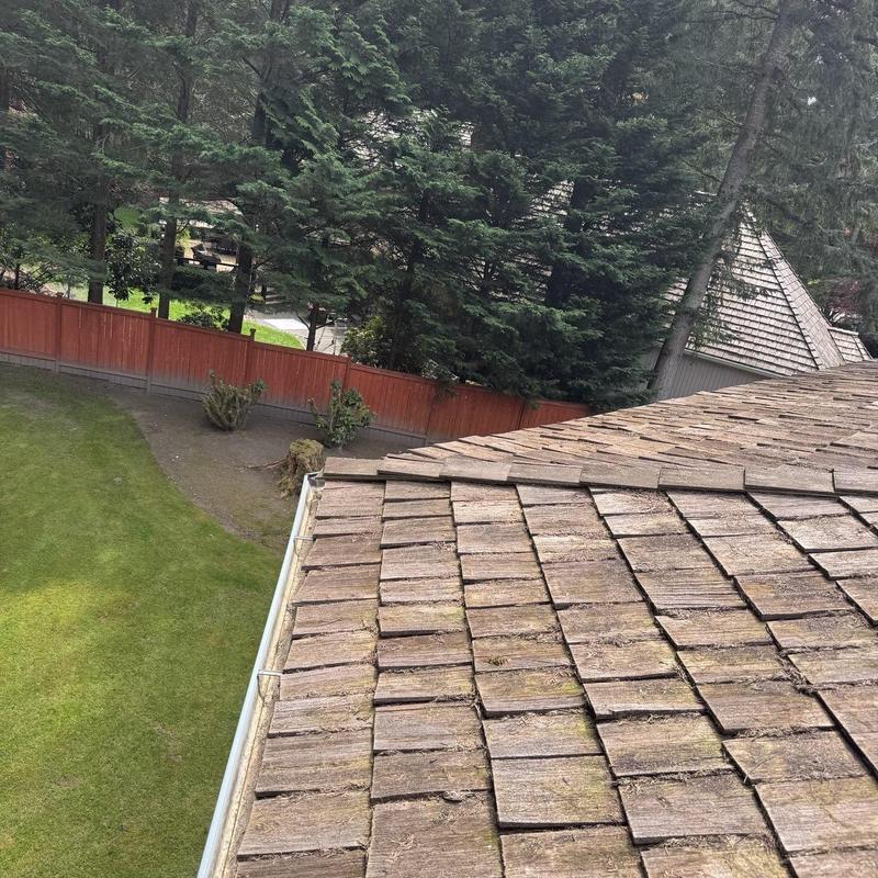 Wood roof and gutter cleaning with debris removal
